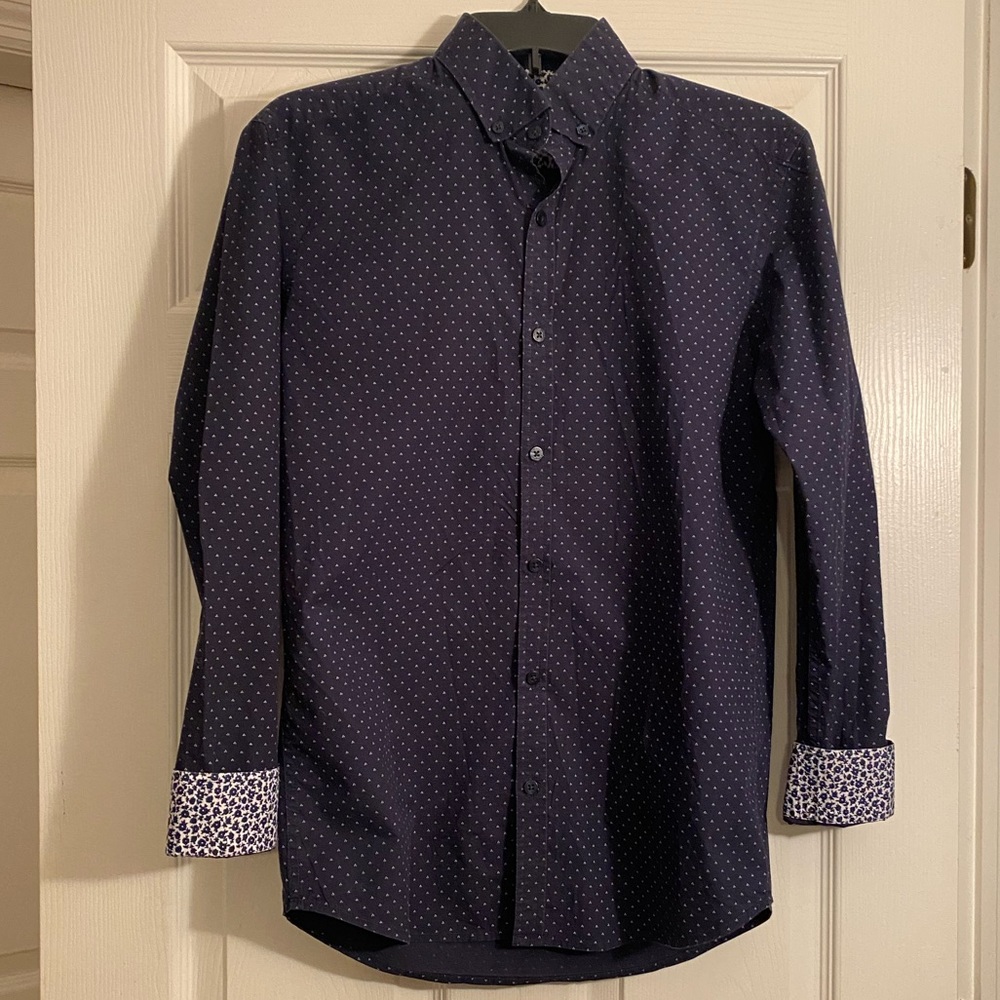 Steel & Jelly Navy w/Small Dots Long Sleeve Dress Shirt. Cuffs with Flowers